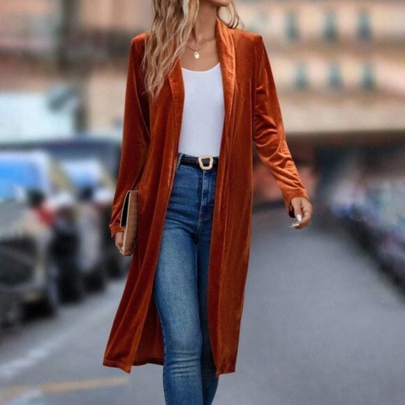 Casual Boho Shawl Collar Open Front Velvet Coat duster  Burnt Orange - Picture 1 of 5